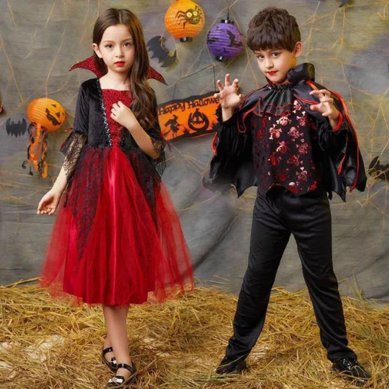 Kids Girls Cosplay Gothic Dark Ghost Bride Witch Vampire Halloween Costume Red Black Tutu Dress Wig Veil Kits Trick or Treat