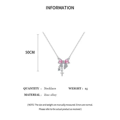 Colares de Pingente de Laço de Cristal Rosa Fada da Moda Y2K Meninas Doce Strass Coração Clavícula Cadeia Mulheres Jóias Presentes