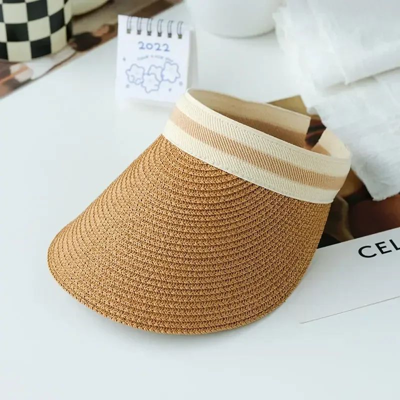 2025 New Summer Outdoor Visor Cap Casual Shade Hat Straw Wide Empty Top Sun Hat Anti Uv Female Large Brim Beach Sunhat Lady