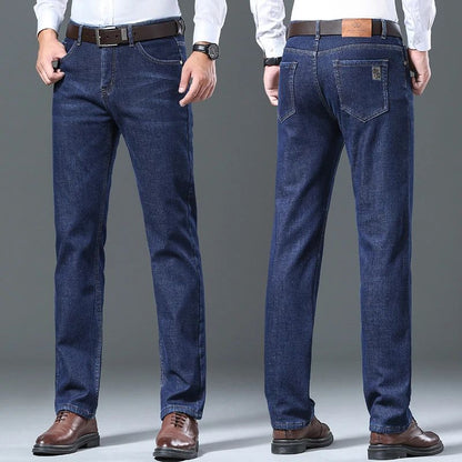 Calça Jeans Masculina de Lã Aveludada, Inverno, Forrada com Lã Grossa, Casual de Negócios, Reta, Jeans, Macia, Confortável, Térmica, Elástica, Calças Masculinas