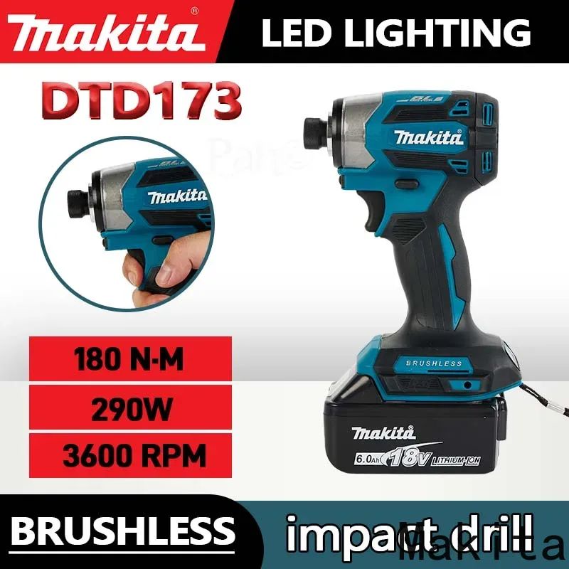 Parafusadeira de Impacto sem Fio Makita 18V LXT DTD173 Motor Brushless Furadeira Elétrica Parafusadeira Modo Madeira/Parafuso T1/T2 Luz LED Dupla 180 N·m