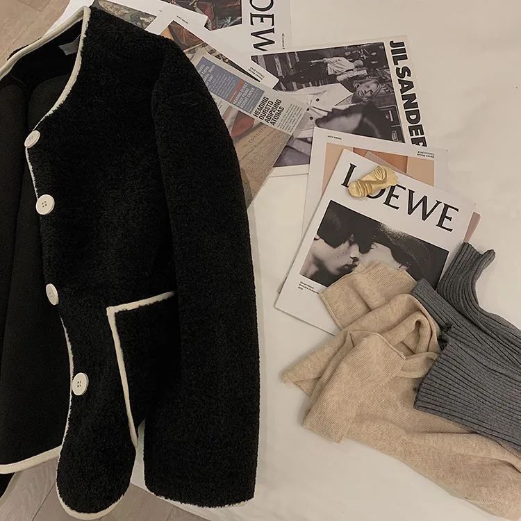 Korean Style Short Lamb Fur Jacket Women's Crew Neck Lazy Style Outerwear Autumn Winter New Arrival Soft Cozy round Neck Top