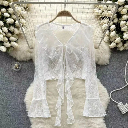 Women's Lace Cover UP Cardigan Cropped Tie Front Bell Sleeves Blouse Lightweight Shawl Jacket outwear blouse for covers clothing