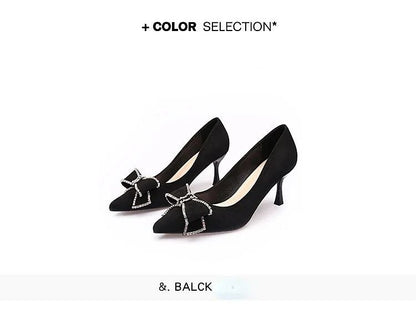 Versatile New Single Shoes Autumn and Winter  Sexy Pointy Rhinestone Black Mature Women's Thin Heels High-heel Zapatos Mujer