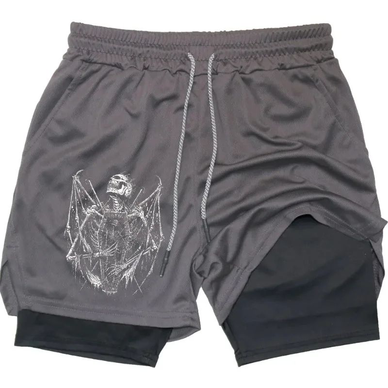 Shorts Men Quick-drying Fitness Skull Print Double Layer Shorts Workout Training Running Bodybuilding Sportwear