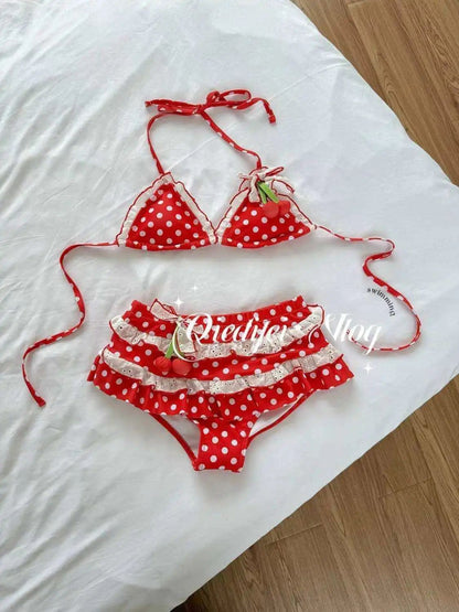 2025 New Bikini Set Cherry Pattern Three Pieces Cute Beach Vacation Swimsuit Ins Style Pure Desire Girl Adorable Split Design