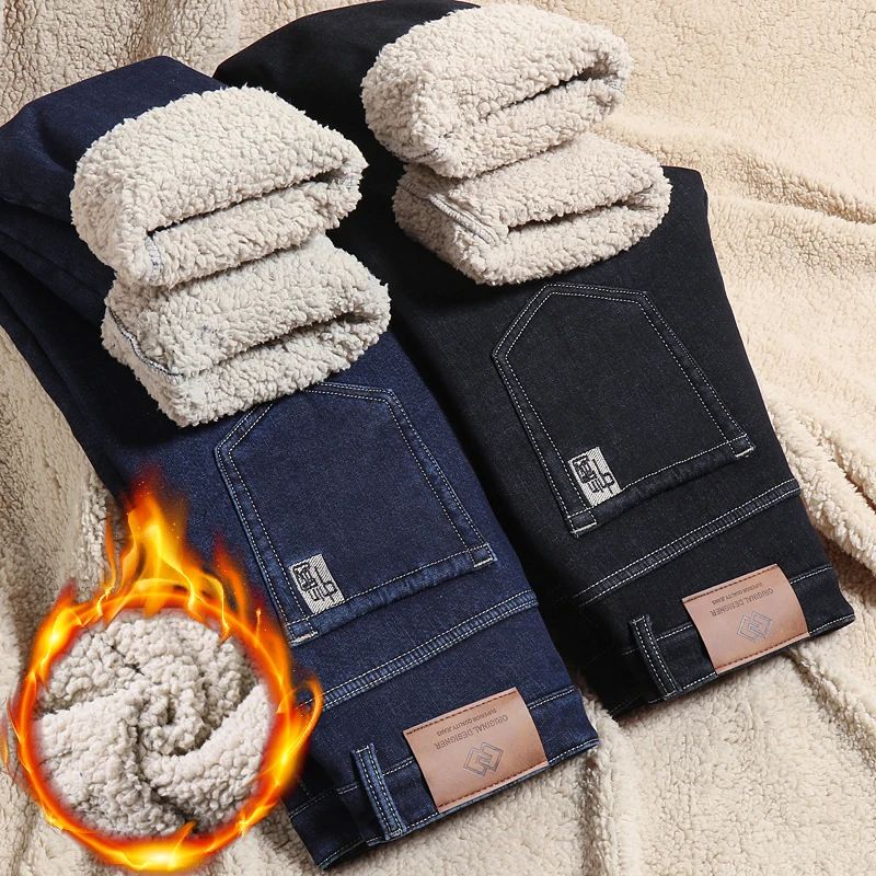 Calça Jeans Masculina de Lã Aveludada, Inverno, Forrada com Lã Grossa, Casual de Negócios, Reta, Jeans, Macia, Confortável, Térmica, Elástica, Calças Masculinas