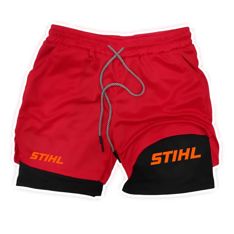 Men's Double Layer Fitness STIHL Shorts Drawstring Mesh Lining Elastic Waist Breathable Quick Dry to Beach Pool Summer Male