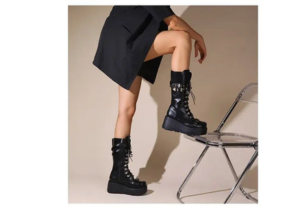Platform Boots Riveted Buckle Wedges High Women's Boots Punk Spice Chic Biker Rider Boots