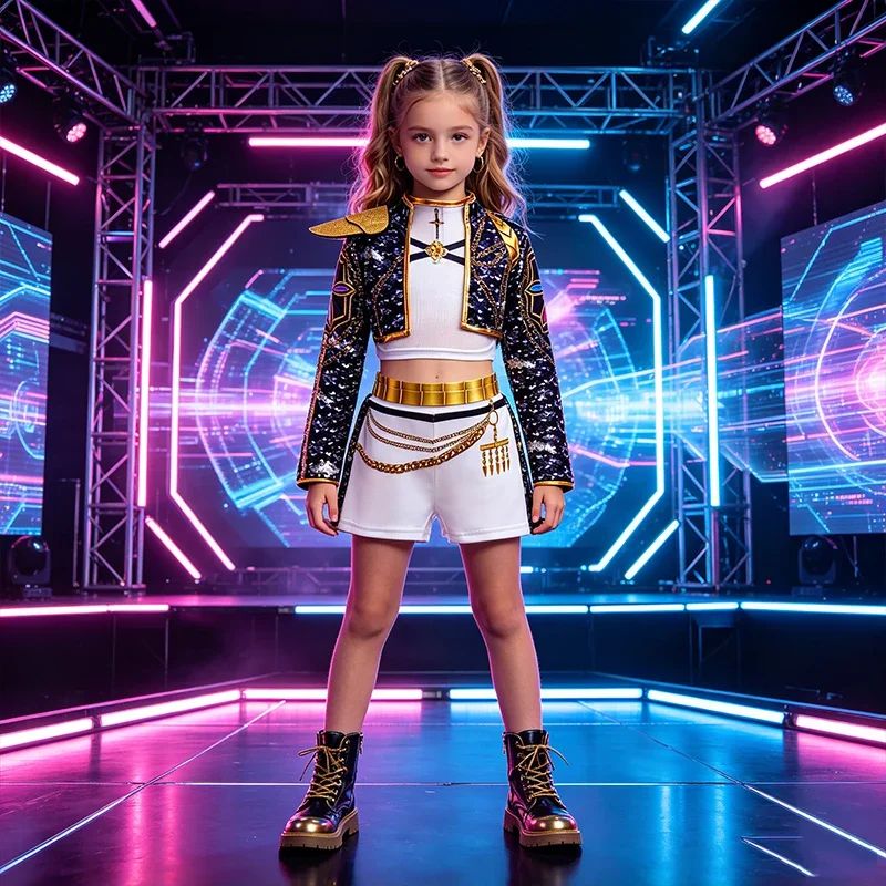 Girls Black?Gold 3D Printed Jacket Shorts Cosplay Set Kids Outfit for Stage Show Birthday Party Halloween Carnival Dress?Up