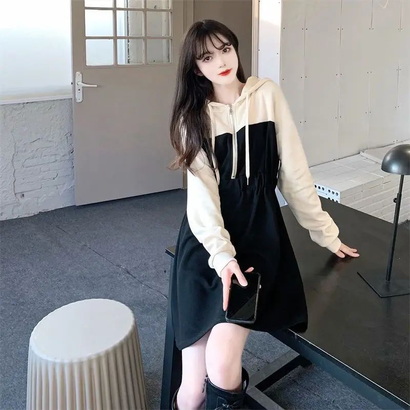 Plus Size Casual Color Blocking Hooded Slimming Dress Early Autumn New Style Drawstring Slim Fit Cropped Versatile Dress For Plu