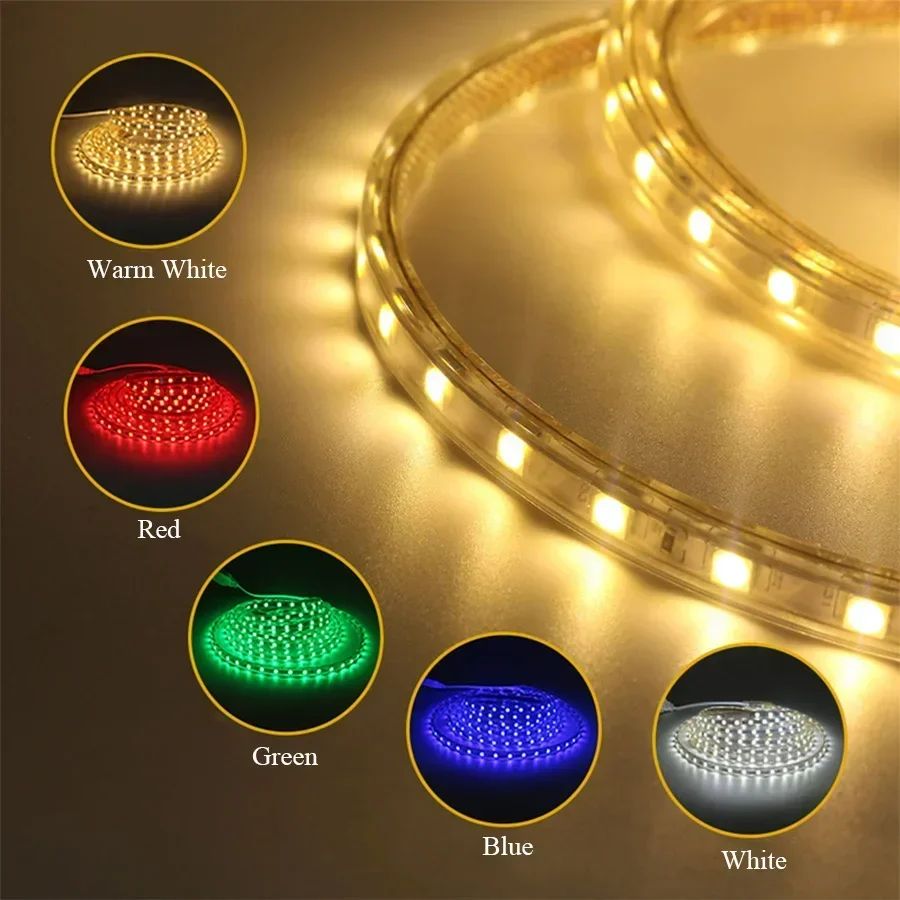 Fita de LED SMD5050 220V à Prova d'Água (1M/2M/5M/10M/20M) - Lâmpada de Corda Branco/Branco Quente/Vermelho/Verde/Azul com Plugue EU para Jardim