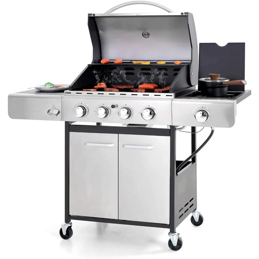 4-Burner Propane Gas Grill, Stainless Steel BBQ Grill with Side Burner Grill