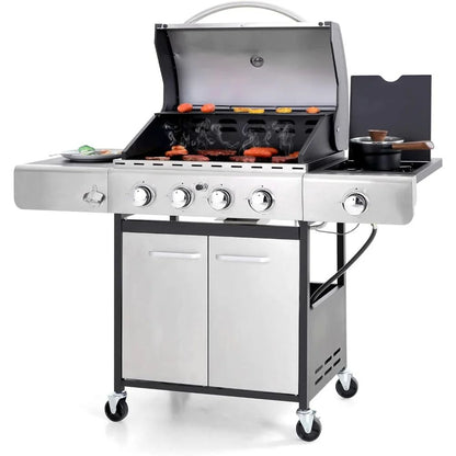 4-Burner Propane Gas Grill, Stainless Steel BBQ Grill with Side Burner Grill