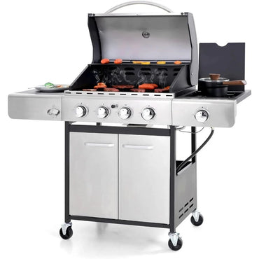 4-Burner Propane Gas Grill, Stainless Steel BBQ Grill with Side Burner Grill