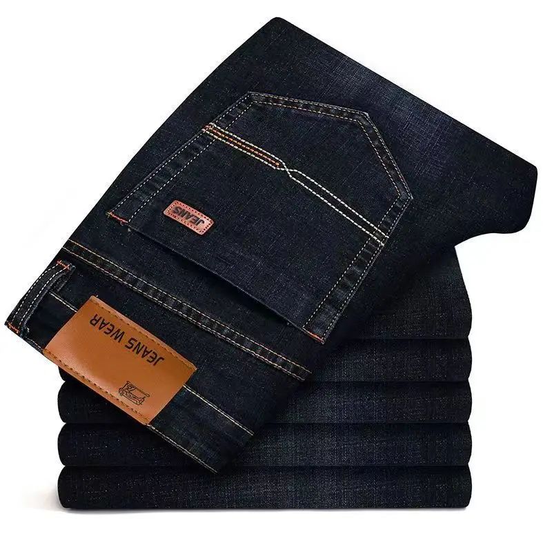 2025 Autumn Classic Men's Fitted Stretch Jeans Business Casual Cotton Denim Straight Leg Pants Male Black Blue Trousers