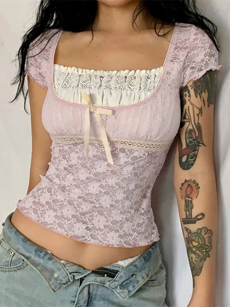 2025 New Retro Lace Tops Women y2k Gothic Sweety Shirts Short Sleeve Lace Square Neck Crop Tops and Blouses Summer Tshirt