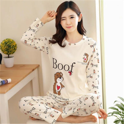 Autumn Thin 2pieces Pyjamas Set Women 2025 Round Neck Girls Bear Pajamas Sets Teacup Cat Full Sleepwear Tops lovers Pajama Mujer
