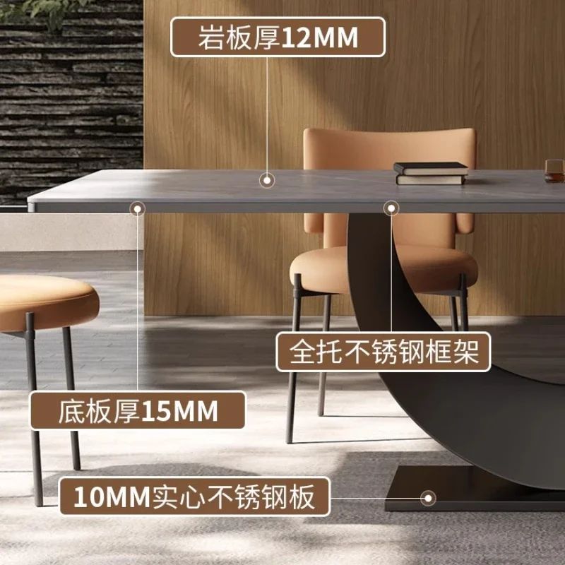 Modern Rectangle Minimalist Rock Slab Restaurant Dining Table And Chairs Stainless Steel Frame Leather Dining Chair Italian