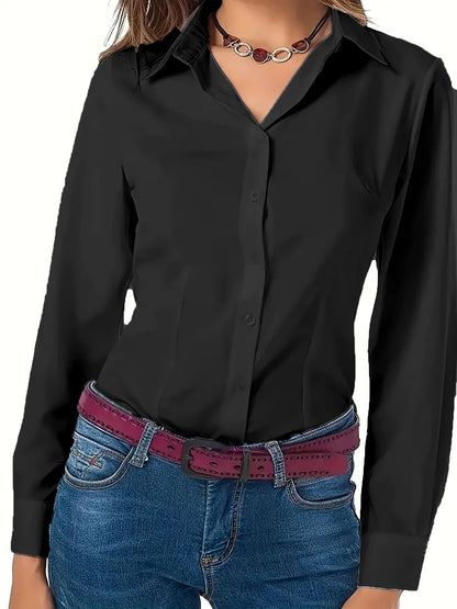 Solid Button Front Shirt, Elegant Long Sleeve Lapel Shirt for Spring Fall Fashion Women's Clothing Basic Blouses OL Womens Tops