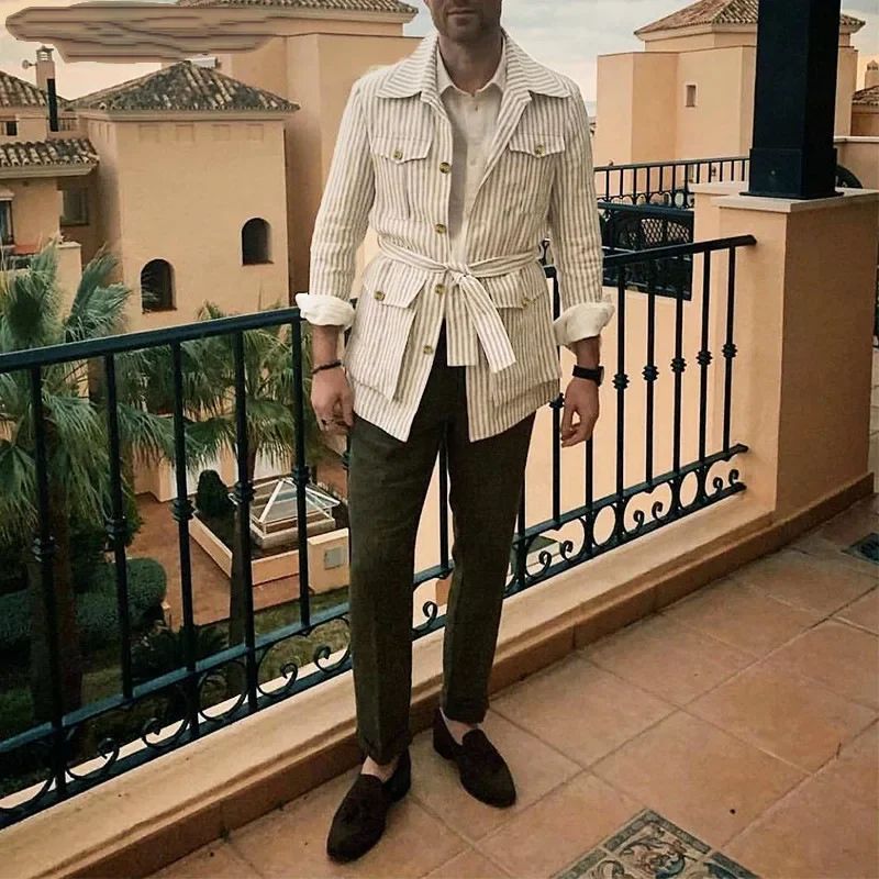 New 2025 Spring Autumn Men's Clothing Trend Striped Multi-pocket Men Cardigan Suit Jackets Business Casual Lace-up Coats for Men