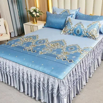 Kit 3 Peças de Lençol de Casal com Renda Clássica Azul Royal, Saia para Cama, Colcha de Casamento Lavável à Máquina, Capa de Colchão