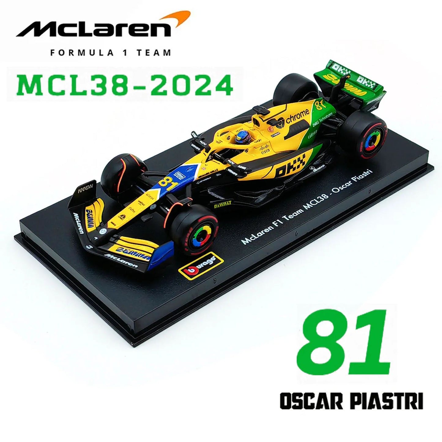 Bburago 1:43 2024 F1 Mclaren MCL38 Grande Prêmio de Mônaco Carro de Liga Miniatura Modelo Diecast #4 Lando Norris #81 Oscar Piastri Brinquedo
