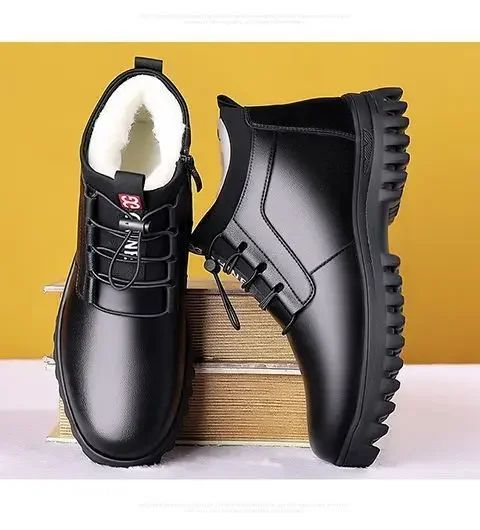 Men's Winter Leather Shoes New Fashion Plush Warm Comfortable Anti slip Business Cotton Shoes Outdoor Casual Snow Boots Vacation