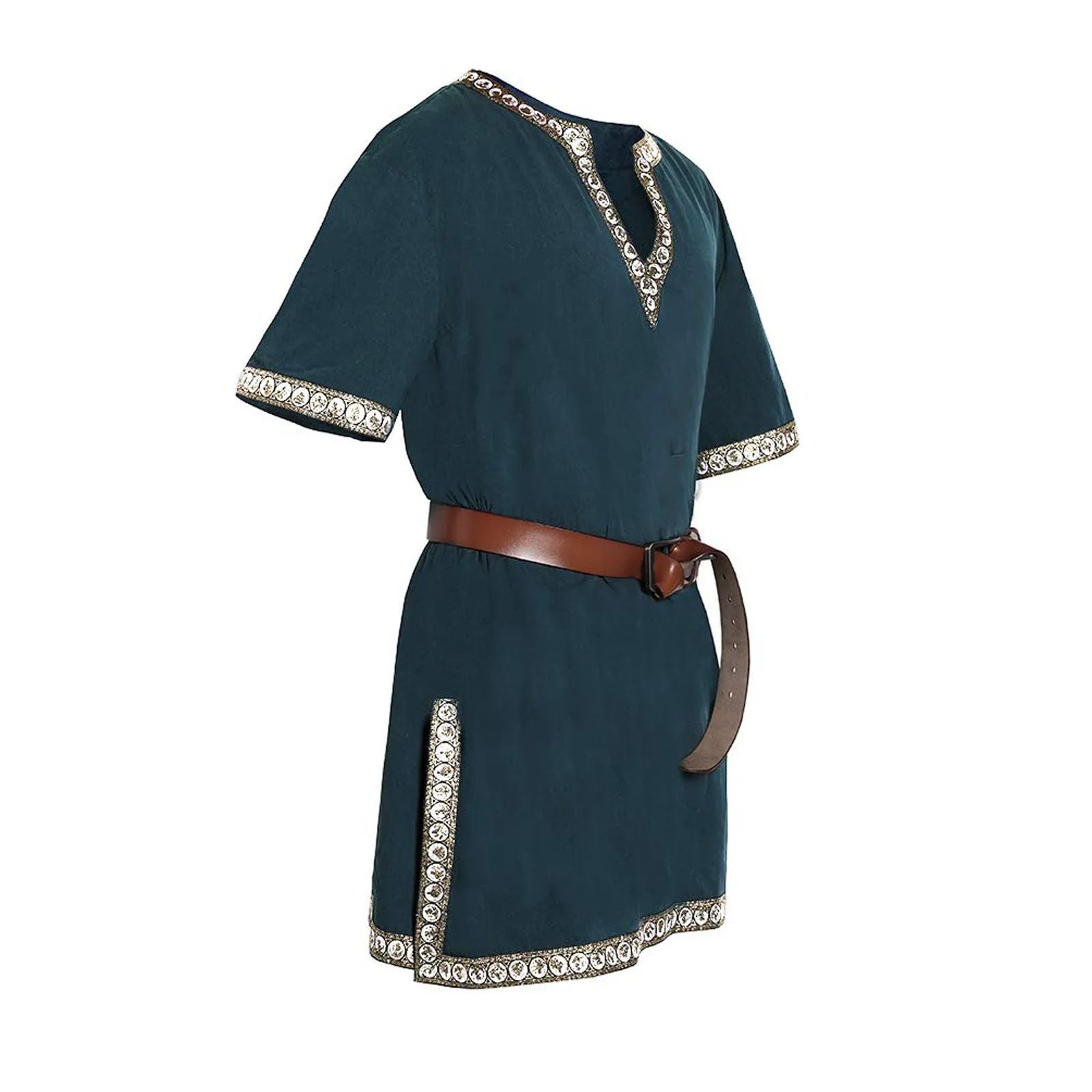 Adult Men Medieval Knight Warrior Costume Green Tunic Clothing Norman Chevalier Braid Viking Pirate Saxon  Top Shirt