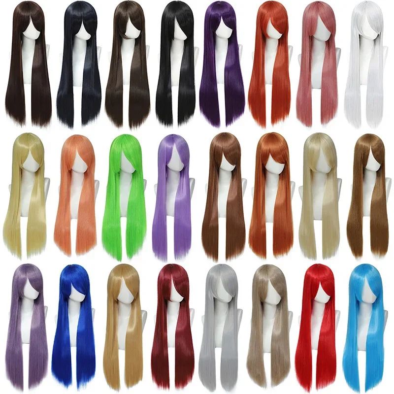 QQXCAIW Peruca Colorida Longa Lisa Sintética Branca Roxa Preta para Cosplay 80cm para Homens e Mulheres