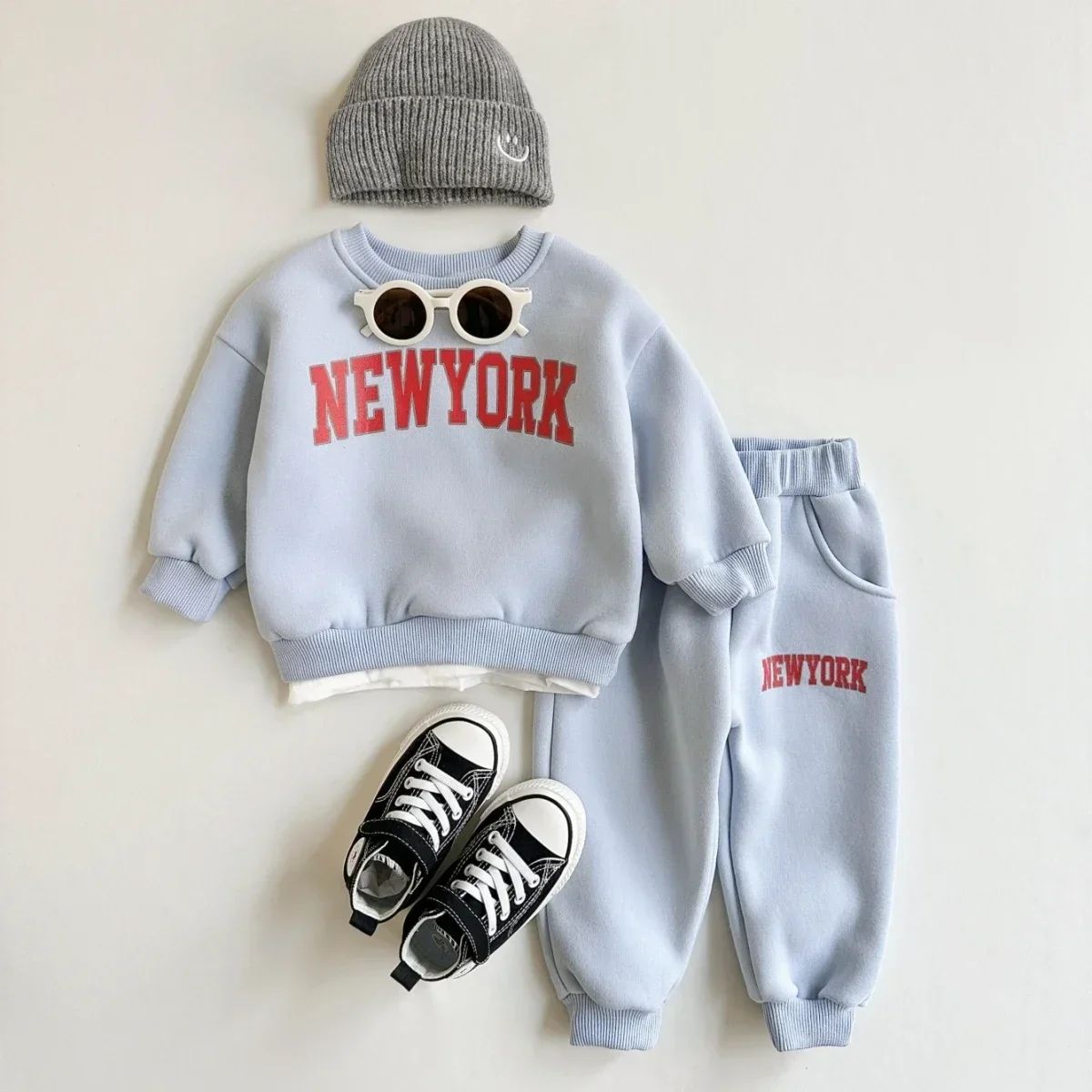 2 Peças Conjunto Roupa Bebê Meninos Meninas Estampa NewYork Top Esportivo Calça Terno Moletom Inverno Roupa Criança Recém-nascido Grosso