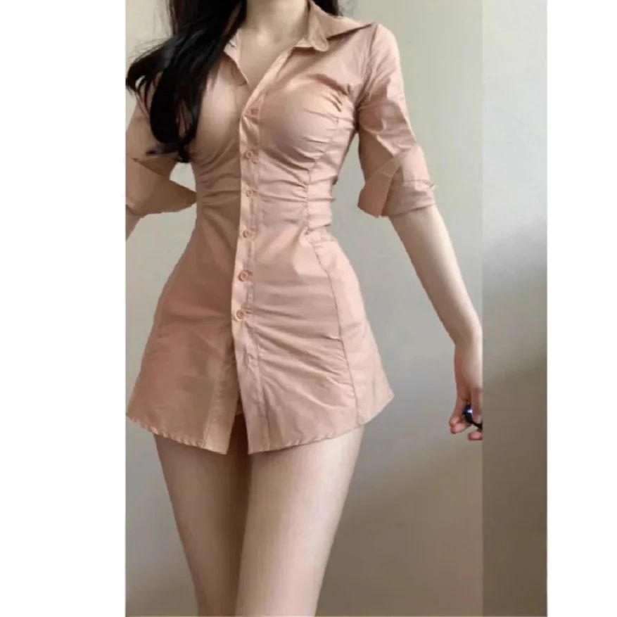 Pure Korean Style Slim Fit Shirt Dress Women's Waist Cinched Sexy Collar Design Mini Dress Fashionable Casual Workwear
