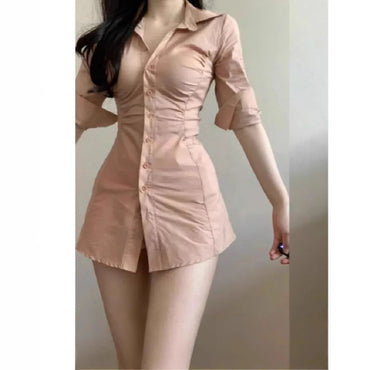 Pure Korean Style Slim Fit Shirt Dress Women's Waist Cinched Sexy Collar Design Mini Dress Fashionable Casual Workwear