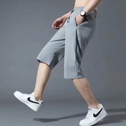 Sport Loose Over Silk Knee Length Pants 2025 Men New Summer Thin Shorts Male Casual Quick Dry Ice Silk Zipper Pocket Capri Pants