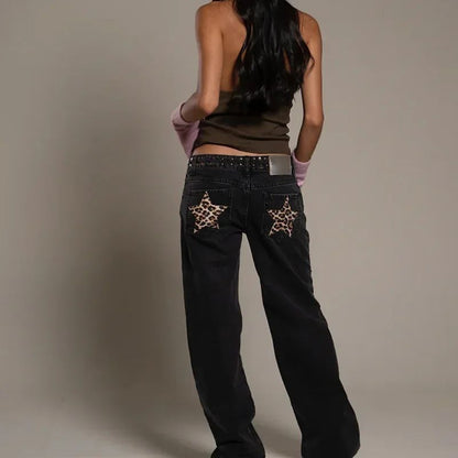 Spanish Fashion ONE DILEMMA Five-pointed Star Pattern Rivet Decorative Black Jeans Women's Autumn Multiple Light Blue Jeans