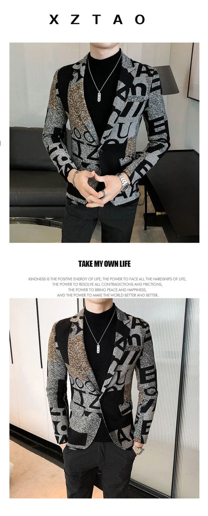 Men's New Suit Jacket Autumn and Winter Men's Letter Printed Suit Jacket Slim Lapel Comfortable Suit Jacket Fashion Woolenjacket