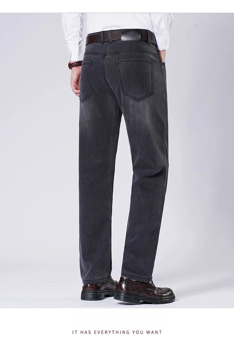 Men's Fleece Straight Leg Jeans Winter Thick Warm Business Casual Velvet Pants Elastic Loose Trousers Outdoorwear