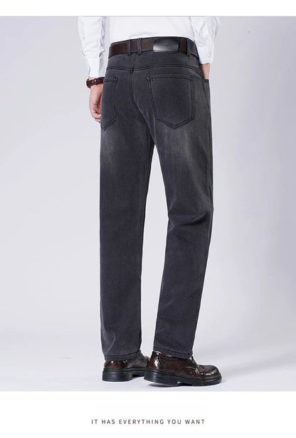 Men's Fleece Straight Leg Jeans Winter Thick Warm Business Casual Velvet Pants Elastic Loose Trousers Outdoorwear