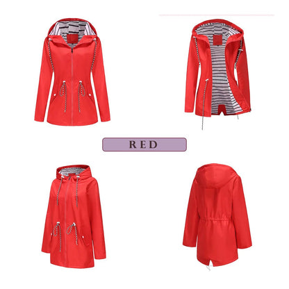 Blue Waterproof Hooded Jacket Women Fashion Casual Coat Waist Drawstring Tie Zipper Switch Red Green Yellow Black Windbreaker