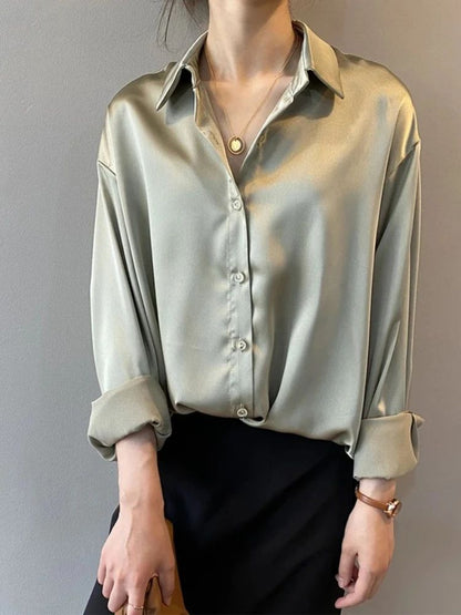 Fall Turn-down Collar Elegant Satin Loose Women Shirt 2025 Plus Size Blouse Autumn Vintage Casual Button Silk Tops