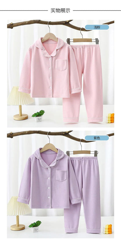 New 2025 Boys Girls Autumn Cotton Pajamas Home Wear Kids Casual Solid Long Sleeve Lapel Pyjamas Teen Sleepwear Clothing Sets