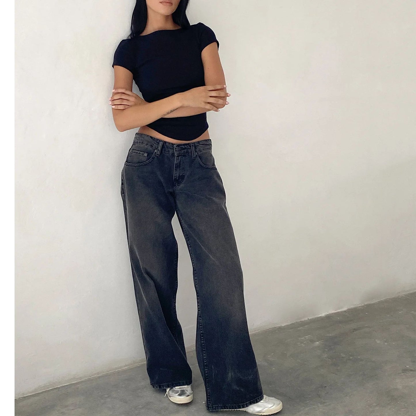 High Waist Straight Leg Women's Jeans Retro American Washed Denim Pants Autumn Street Style Wide Leg Trousers for Women