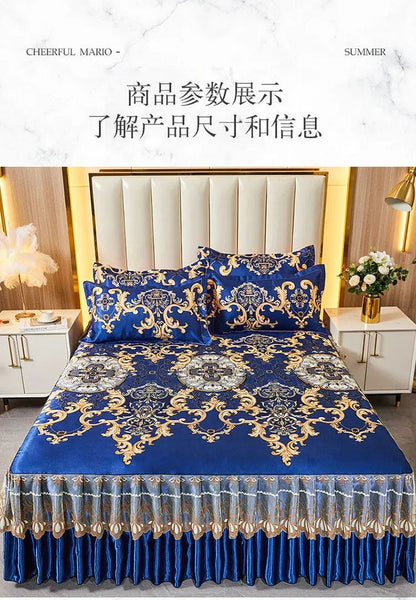 Kit 3 Peças de Lençol de Casal com Renda Clássica Azul Royal, Saia para Cama, Colcha de Casamento Lavável à Máquina, Capa de Colchão