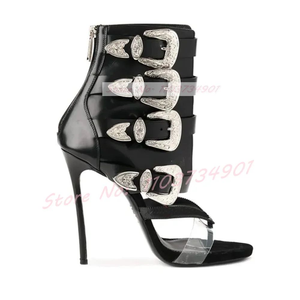 Light Luxury Metal Buckle Mid Calf Sandals Flip Flop Open Toe High Heels Stiletto Zipper Women Shoes2024 New Zapatos Para Mujere