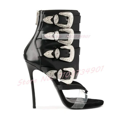 Light Luxury Metal Buckle Mid Calf Sandals Flip Flop Open Toe High Heels Stiletto Zipper Women Shoes2024 New Zapatos Para Mujere