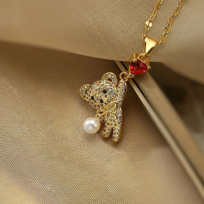 1 Peça Corrente de Aço Titânio Inoxidável Lindo Laço Vermelho Coração Amor Balão Urso Pingente Colar Joias Românticas Femininas Presente Para Meninas