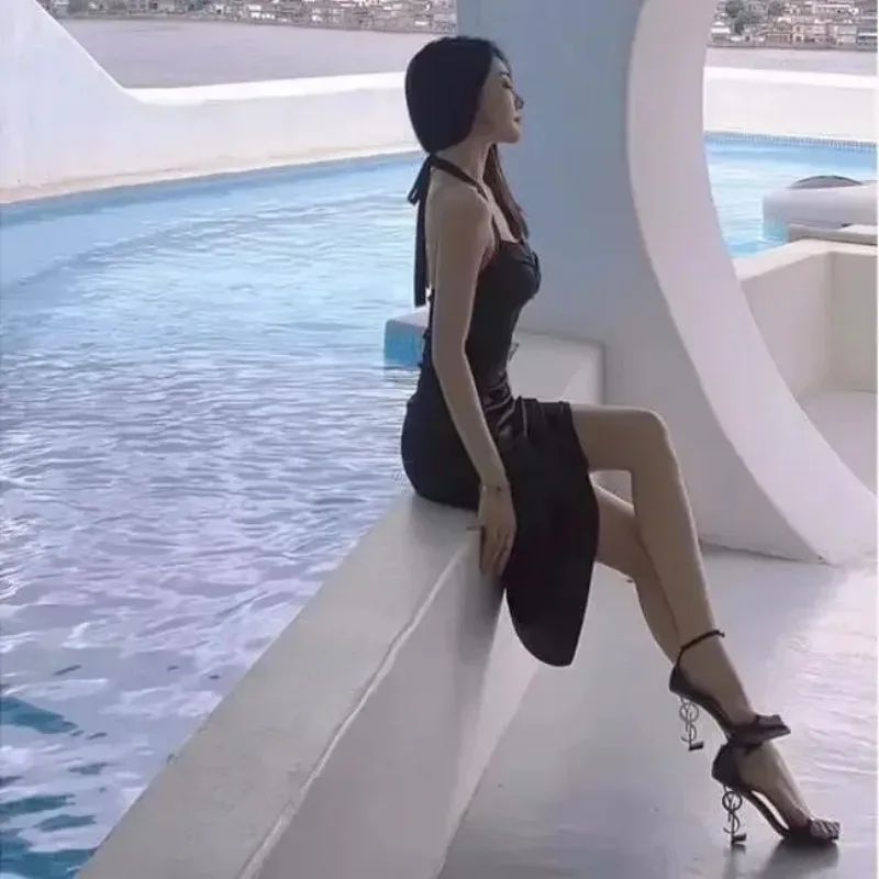 Women High-heeled Shoes European American Solid Color One-piece High-heeled Sandals Women's Headband Buckle Banquet Letter