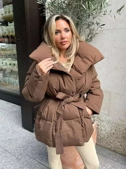 Solid Lapel Lace Up Cotton Coat Women Fashion Long Sleeve Warm Loose Pocket Short Coats Lady New Winter Commute Street Outwears