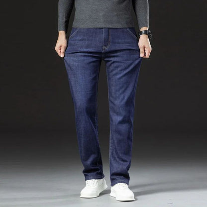 Calça Jeans Masculina de Inverno Forrada com Lã Grossa Calça Jeans Masculina de Cintura Solta Reta Slim Fit Calça Social Casual Confortável