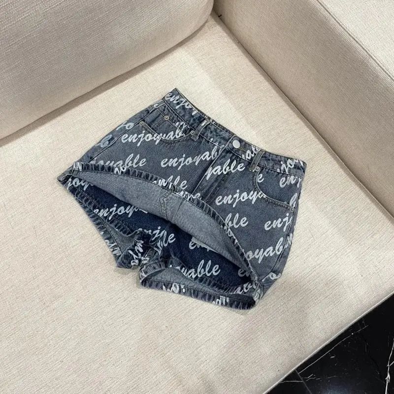 Female Sexy Vintage Letter High Waist A-line Skirt Summer All-match Fashionable Slim Buttons Zipper Denim Short Skirt Women